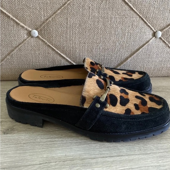 Talbots Shoes - Talbots 8 B Black Suede Cheetah Mules Slip on Shoes Made Brazil Leather Insole.